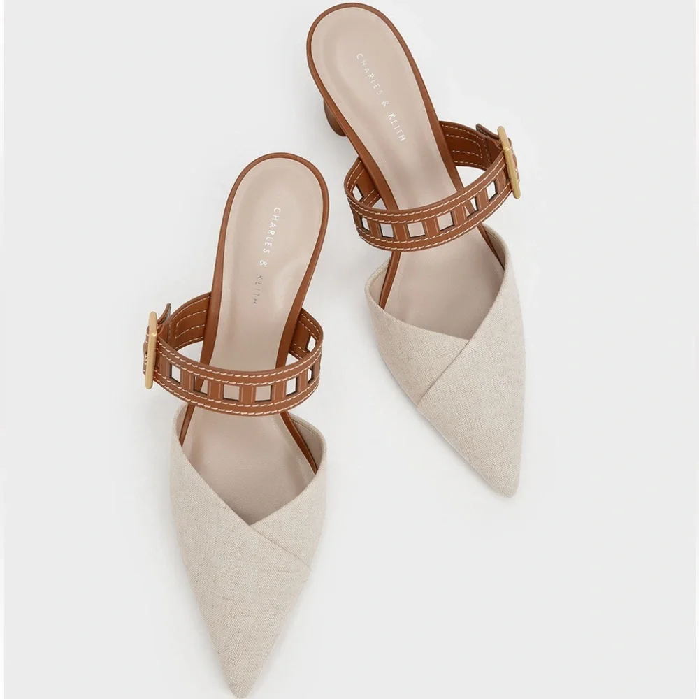 Charles & Keith Beige Pointed-Toe Slingback Heels with Brown Strap - Picture 6 of 10